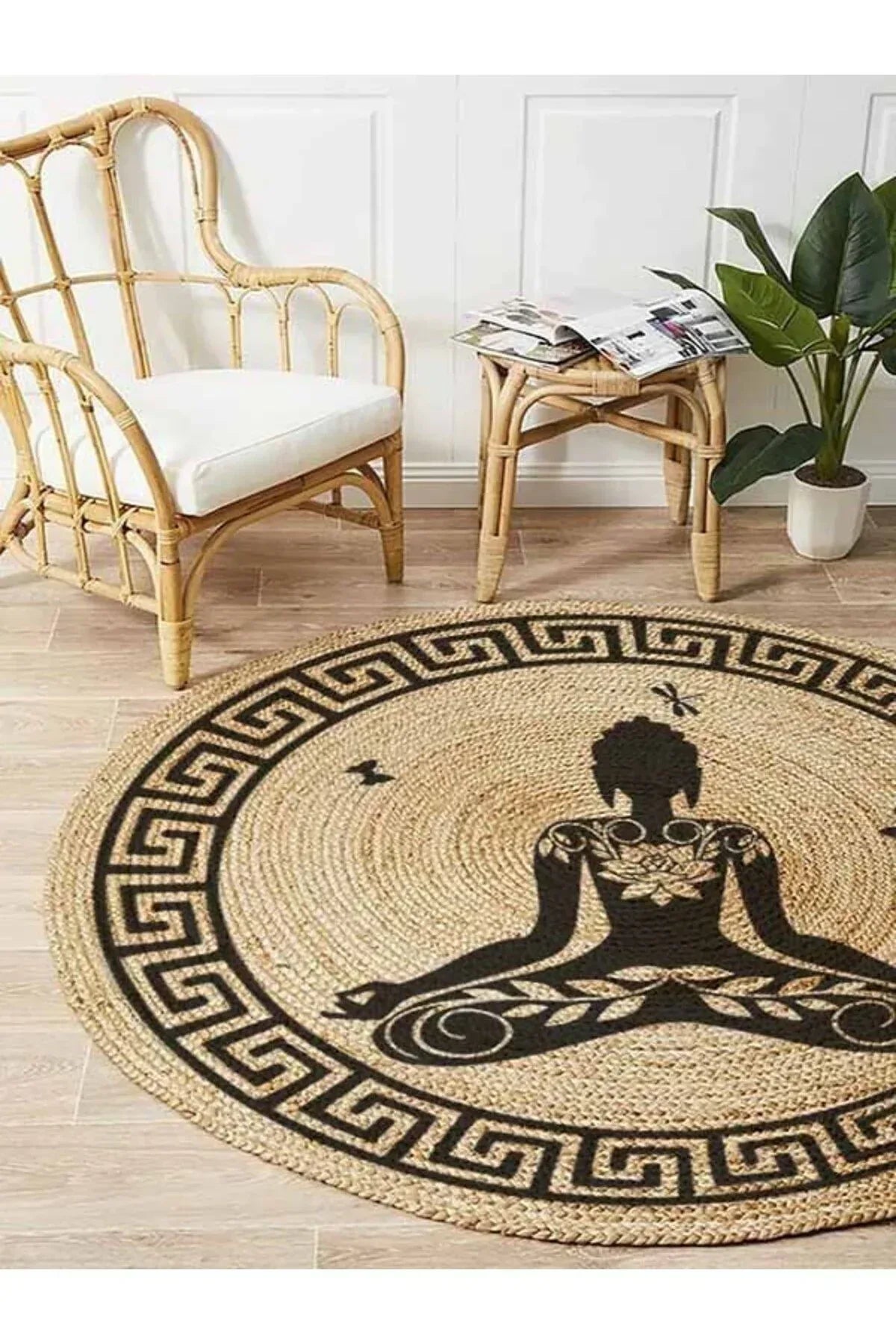 Boho 946 Yogo Yapan Kadın Baskılı Örgü Yuvarlak Natural Çift Taraflı Halı - HALI VAGONU