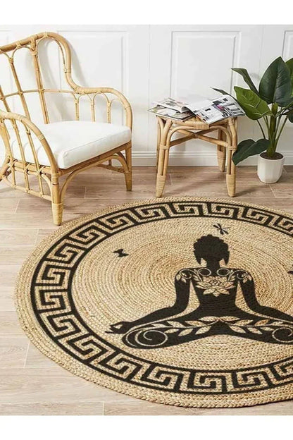 Boho 946 Yogo Yapan Kadın Baskılı Örgü Yuvarlak Natural Çift Taraflı Halı - HALI VAGONU