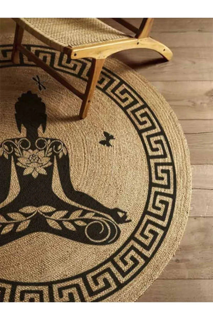 Boho 946 Yogo Yapan Kadın Baskılı Örgü Yuvarlak Natural Çift Taraflı Halı - HALI VAGONU
