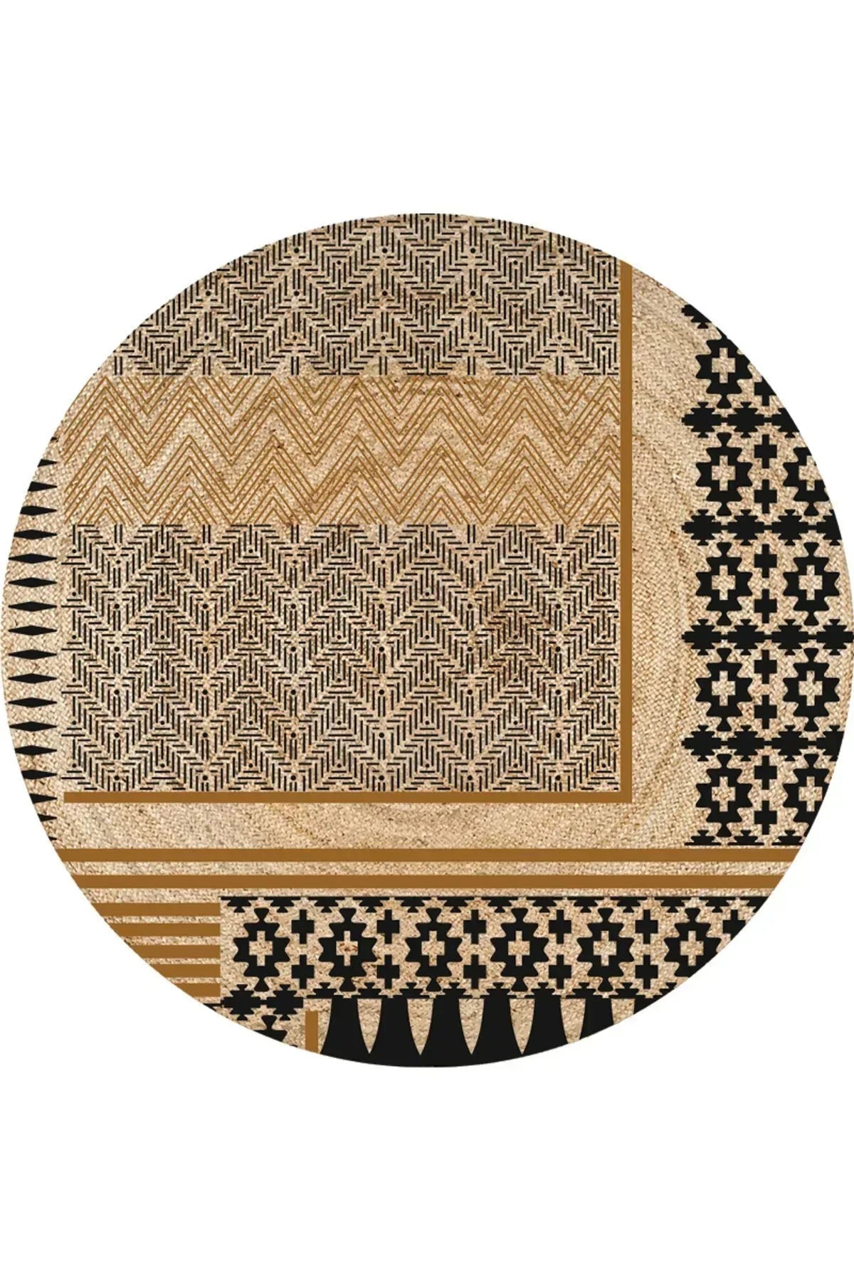 Boho 947 Geometrik Ve Etnik Baskılı Örgü Yuvarlak Natural Çift Taraflı Halı - HALI VAGONU