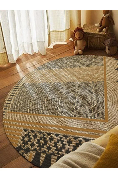 Boho 947 Geometrik Ve Etnik Baskılı Örgü Yuvarlak Natural Çift Taraflı Halı - HALI VAGONU