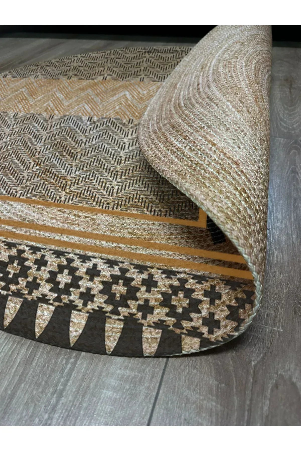Boho 947 Geometrik Ve Etnik Baskılı Örgü Yuvarlak Natural Çift Taraflı Halı - HALI VAGONU