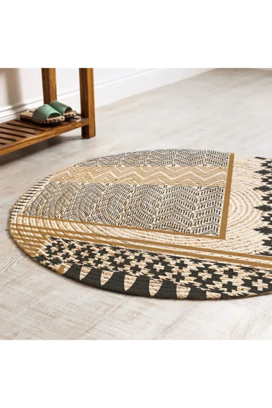 Boho 947 Geometrik Ve Etnik Baskılı Örgü Yuvarlak Natural Çift Taraflı Halı - HALI VAGONU