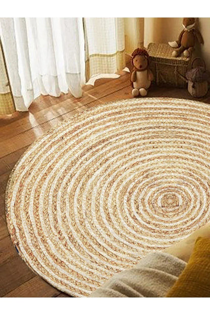 Boho 949 Jüt Rengi Örgü Yuvarlak Natural Çift Taraflı Halı - HALI VAGONU