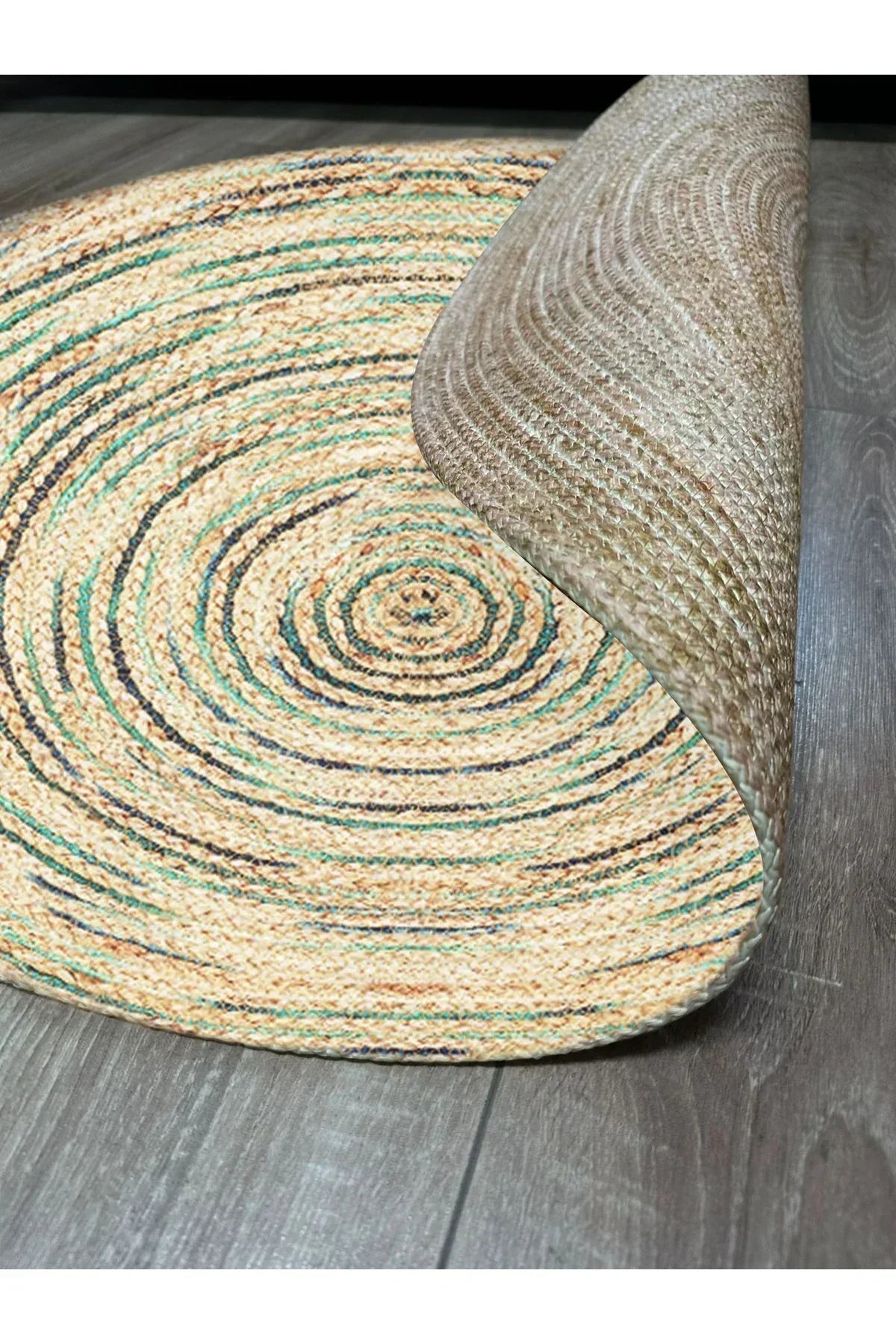 Boho 950 Jüt Rengi Ve Yeşil Desenli Örgü Yuvarlak Natural Çift Taraflı Halı - HALI VAGONU