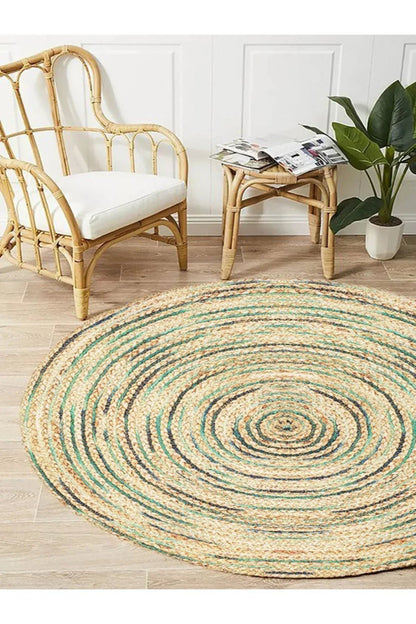 Boho 950 Jüt Rengi Ve Yeşil Desenli Örgü Yuvarlak Natural Çift Taraflı Halı - HALI VAGONU