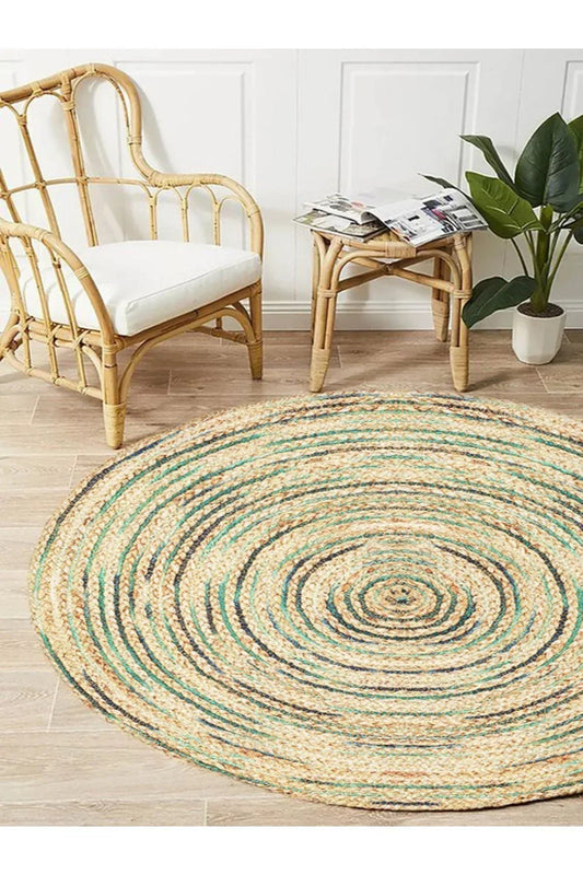 Boho 950 Jüt Rengi Ve Yeşil Desenli Örgü Yuvarlak Natural Çift Taraflı Halı - HALI VAGONU