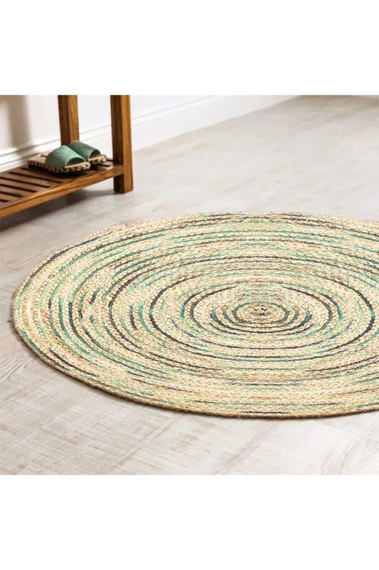 Boho 950 Jüt Rengi Ve Yeşil Desenli Örgü Yuvarlak Natural Çift Taraflı Halı - HALI VAGONU