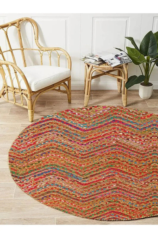 Boho 951 Multy Zigzag Desenli Jüt Rengi Örgü Yuvarlak Natural Çift Taraflı Halı - HALI VAGONU