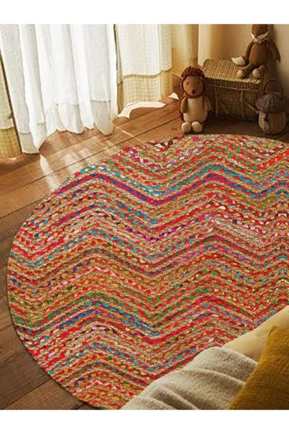 Boho 951 Multy Zigzag Desenli Jüt Rengi Örgü Yuvarlak Natural Çift Taraflı Halı - HALI VAGONU