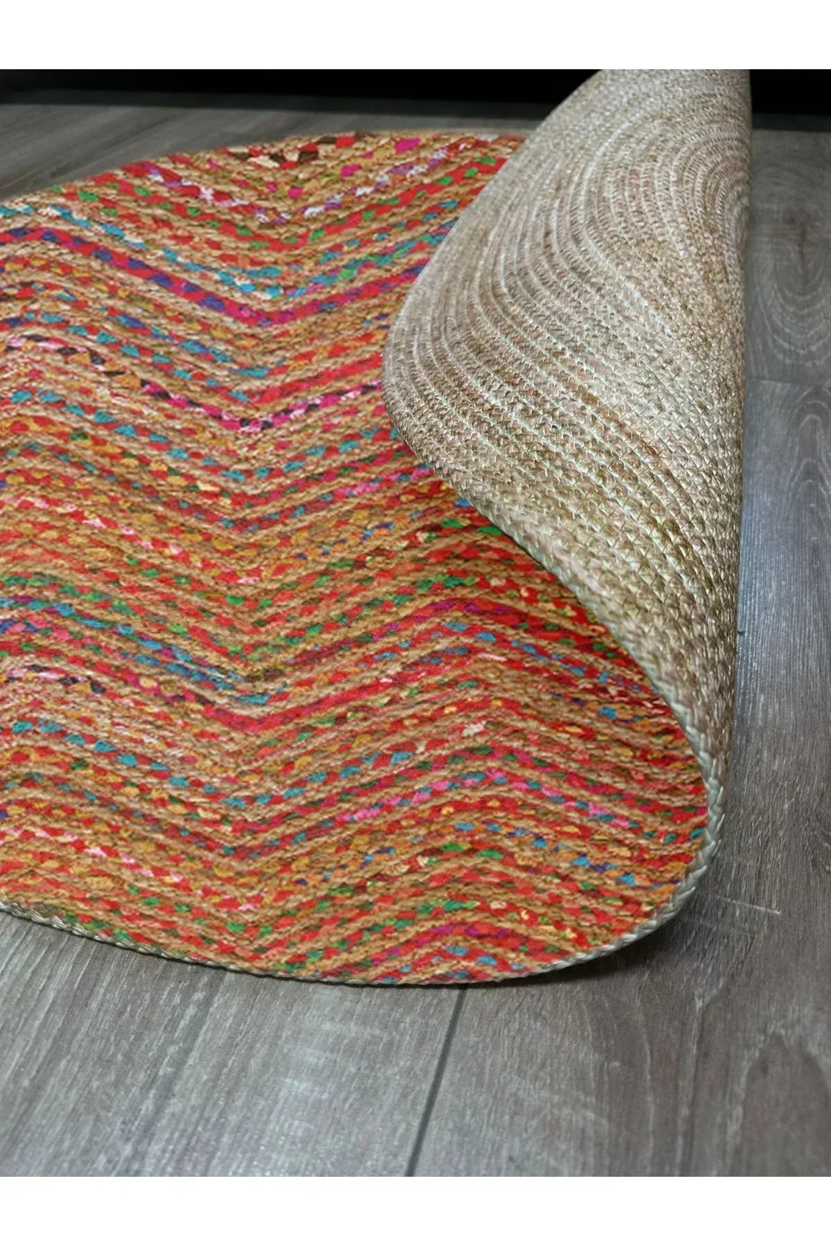 Boho 951 Multy Zigzag Desenli Jüt Rengi Örgü Yuvarlak Natural Çift Taraflı Halı - HALI VAGONU