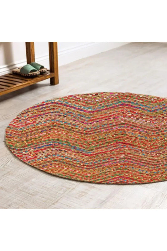 Boho 951 Multy Zigzag Desenli Jüt Rengi Örgü Yuvarlak Natural Çift Taraflı Halı - HALI VAGONU