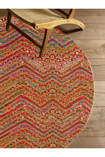 Boho 951 Multy Zigzag Desenli Jüt Rengi Örgü Yuvarlak Natural Çift Taraflı Halı - HALI VAGONU