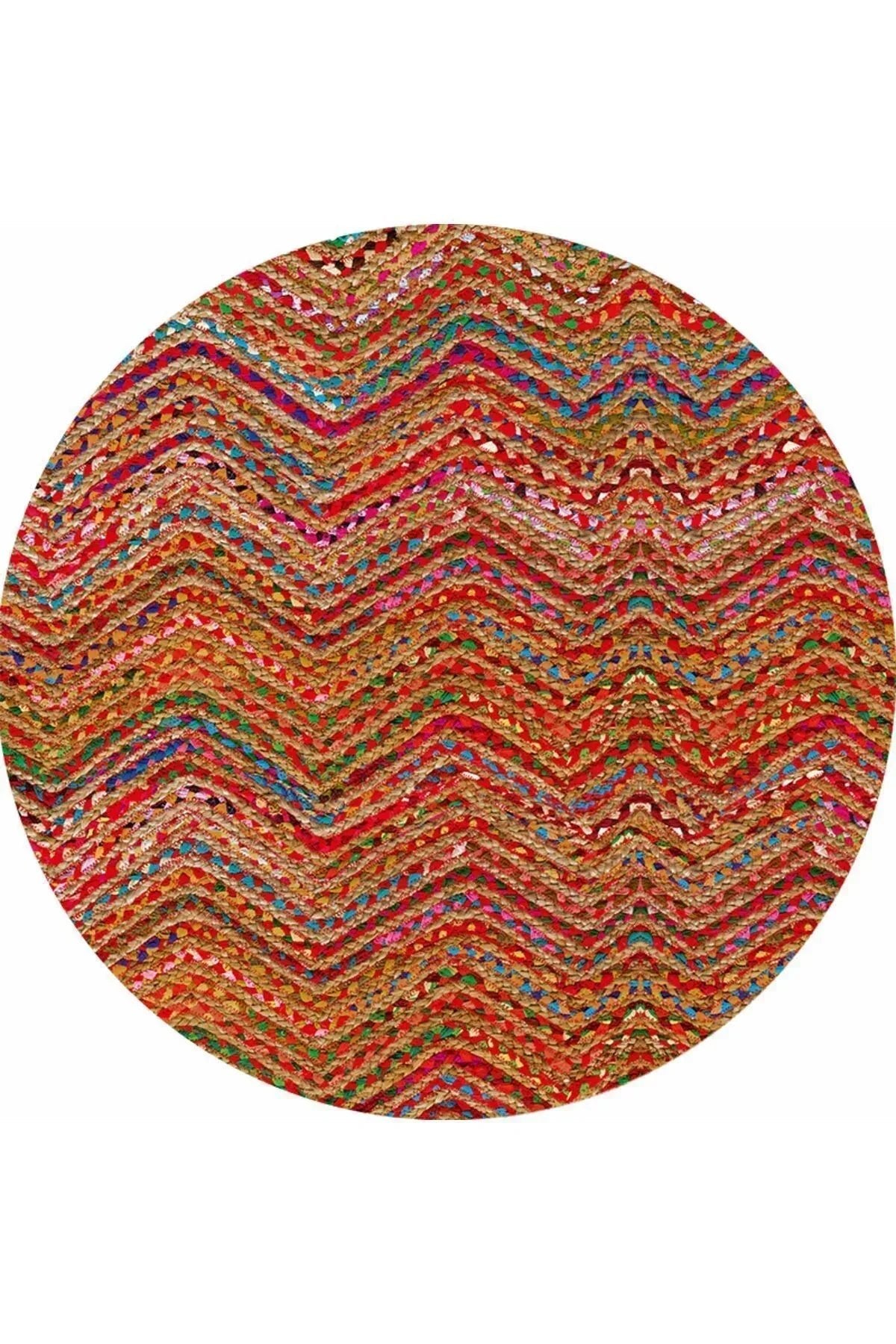 Boho 951 Multy Zigzag Desenli Jüt Rengi Örgü Yuvarlak Natural Çift Taraflı Halı - HALI VAGONU
