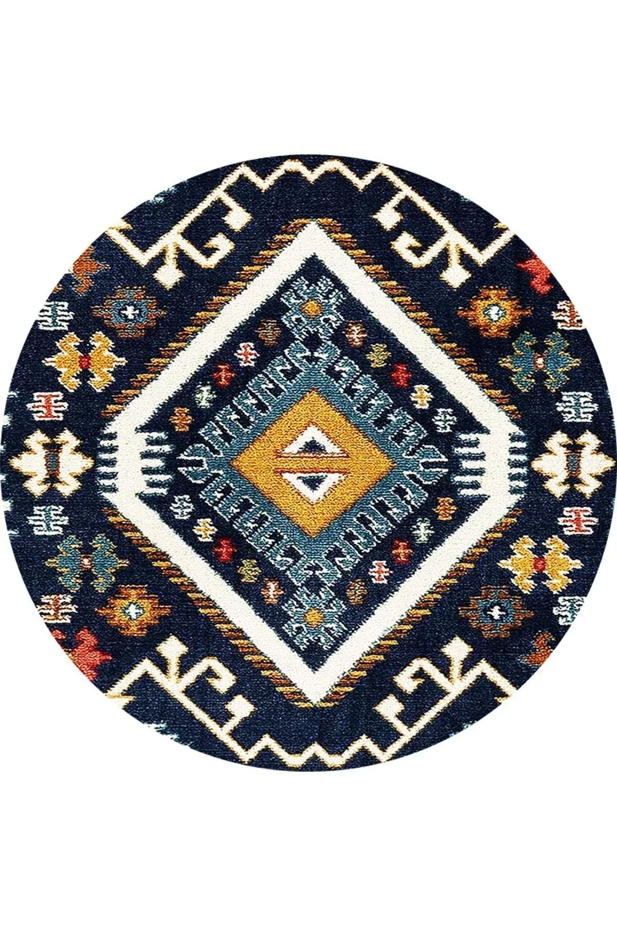 Boho 952 Lacivert Etnik Ve Geometrik Jüt Rengi Örgü Yuvarlak Natural Çift Taraflı Halı - HALI VAGONU