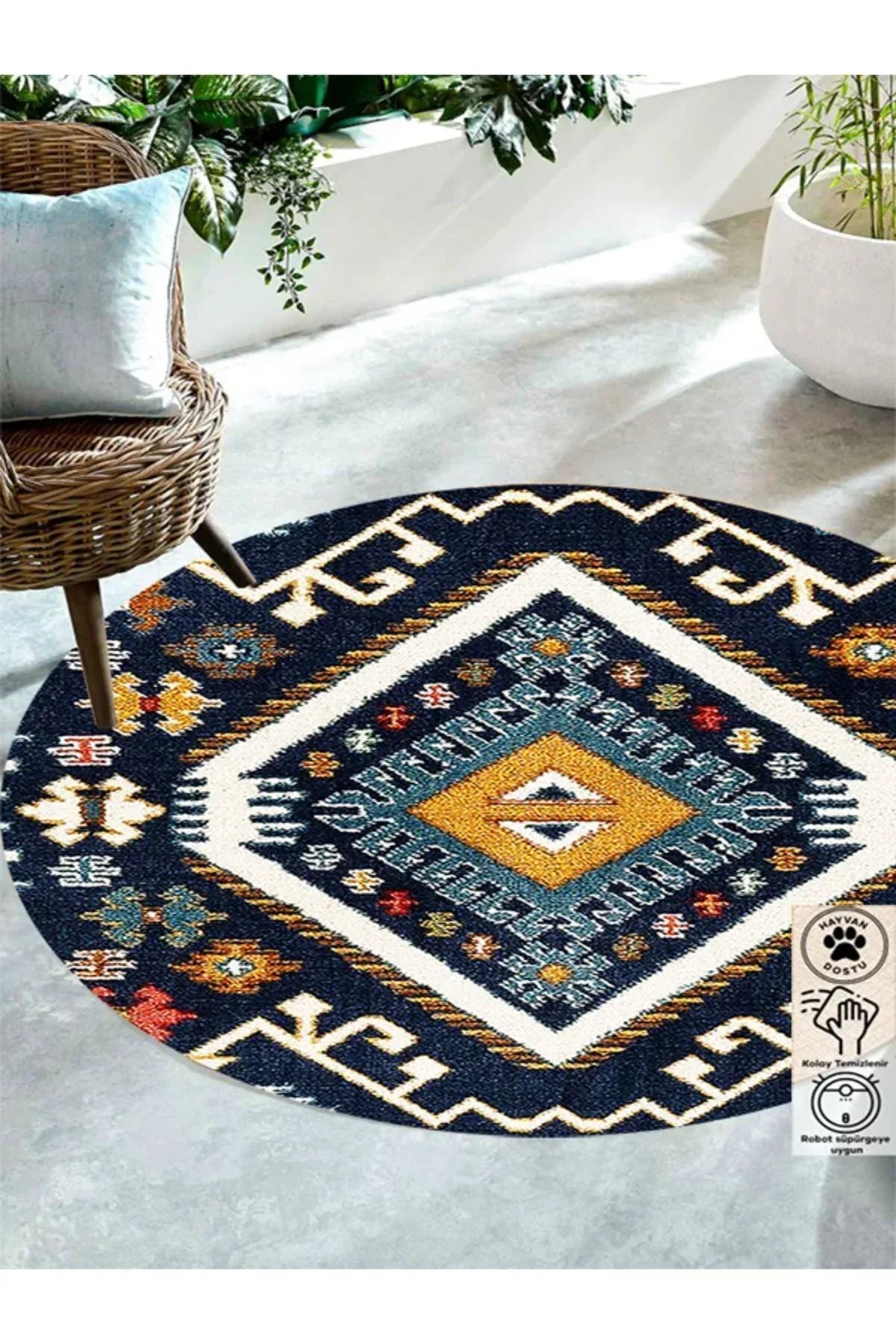 Boho 952 Lacivert Etnik Ve Geometrik Jüt Rengi Örgü Yuvarlak Natural Çift Taraflı Halı - HALI VAGONU