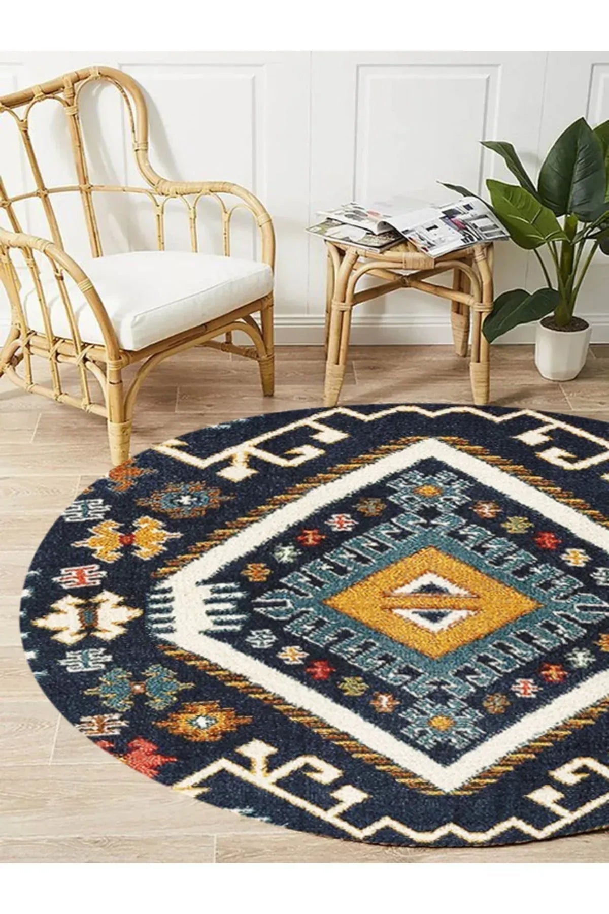 Boho 952 Lacivert Etnik Ve Geometrik Jüt Rengi Örgü Yuvarlak Natural Çift Taraflı Halı - HALI VAGONU