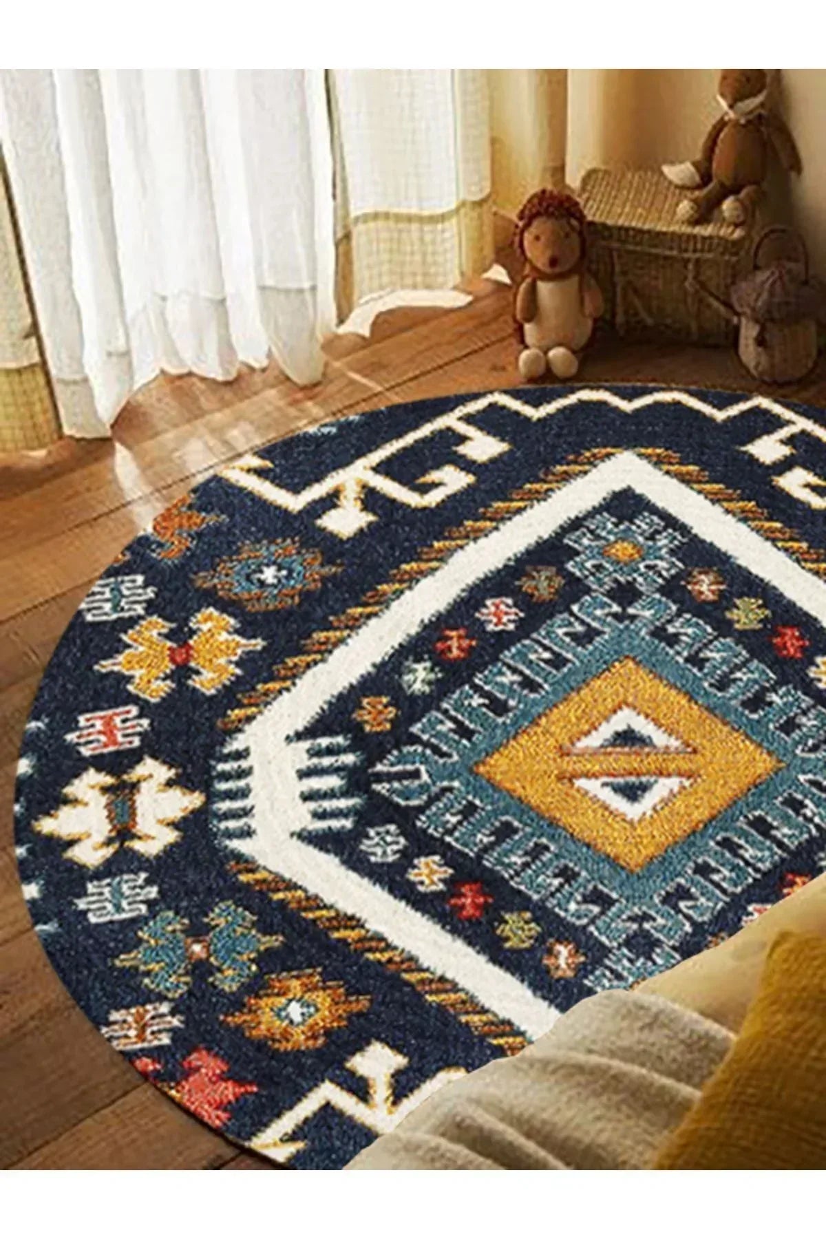Boho 952 Lacivert Etnik Ve Geometrik Jüt Rengi Örgü Yuvarlak Natural Çift Taraflı Halı - HALI VAGONU