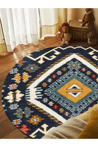 Boho 952 Lacivert Etnik Ve Geometrik Jüt Rengi Örgü Yuvarlak Natural Çift Taraflı Halı - HALI VAGONU
