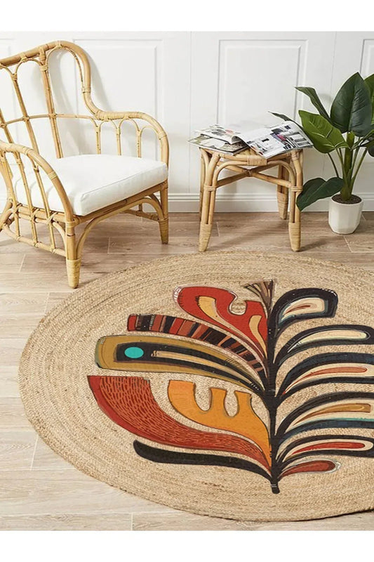 Boho 953 Multy Yaprak Desenli Jüt Rengi Örgü Yuvarlak Natural Çift Taraflı Halı - HALI VAGONU