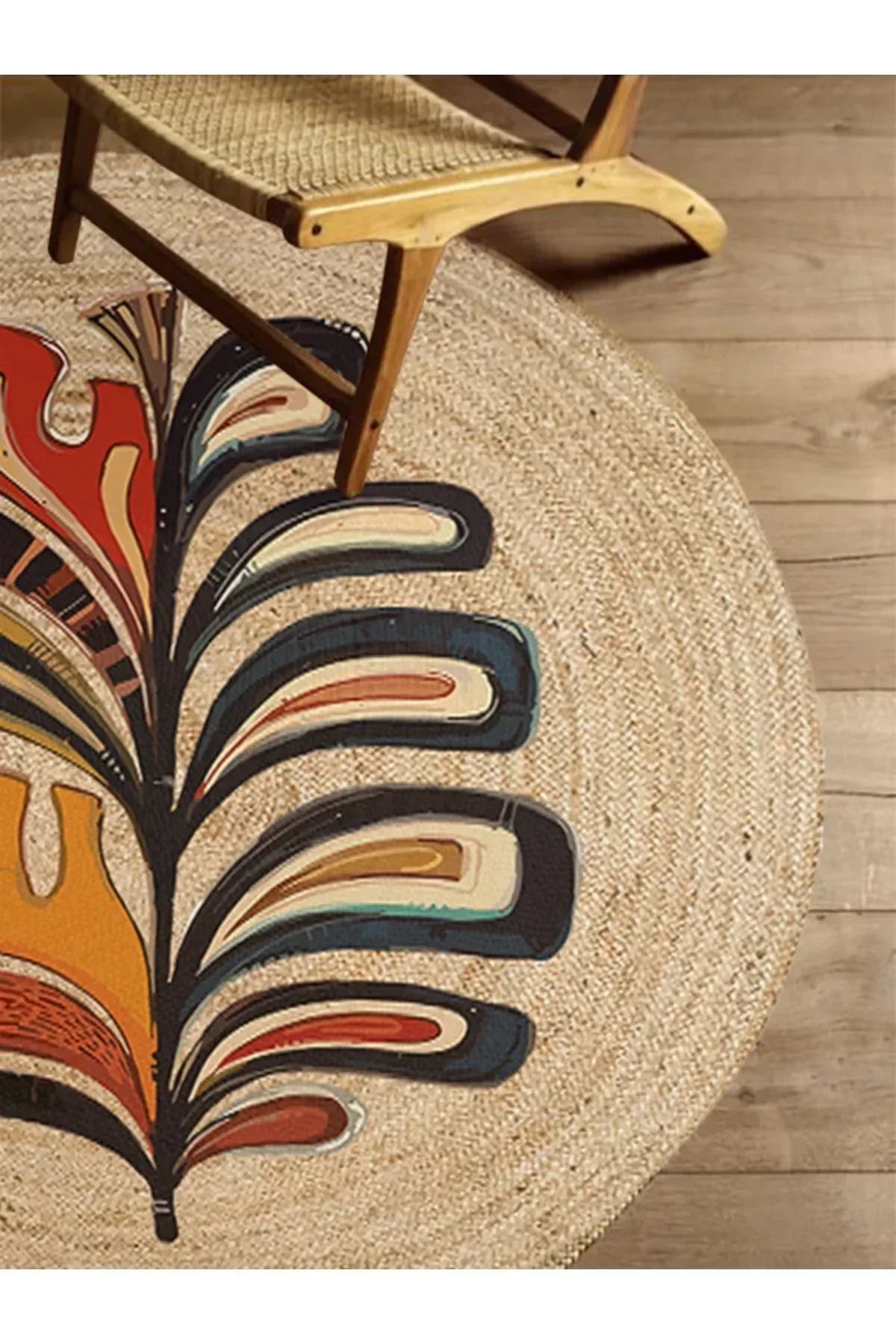 Boho 953 Multy Yaprak Desenli Jüt Rengi Örgü Yuvarlak Natural Çift Taraflı Halı - HALI VAGONU