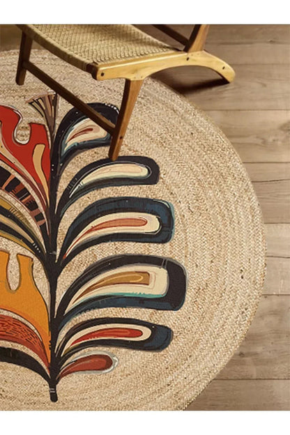 Boho 953 Multy Yaprak Desenli Jüt Rengi Örgü Yuvarlak Natural Çift Taraflı Halı - HALI VAGONU