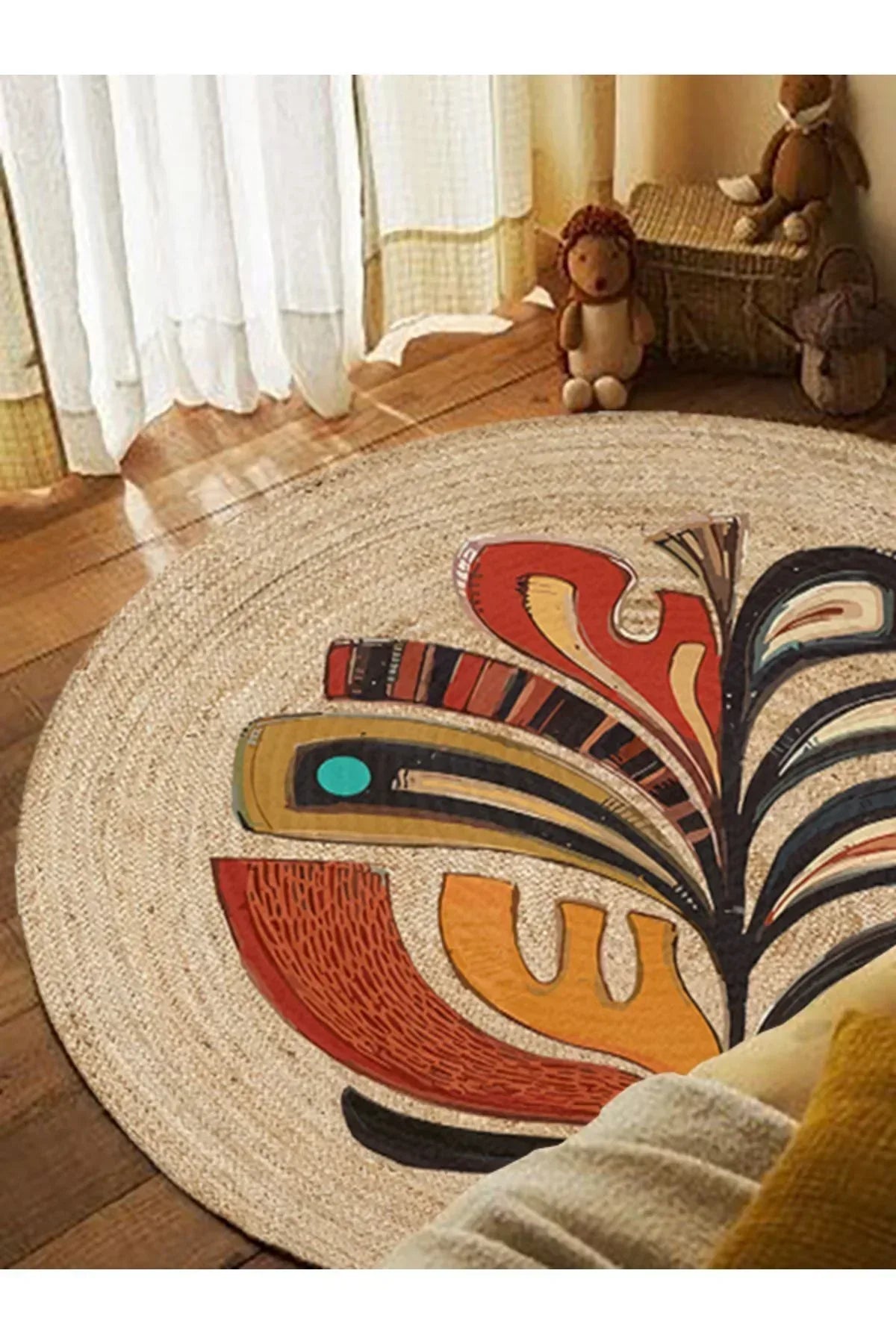 Boho 953 Multy Yaprak Desenli Jüt Rengi Örgü Yuvarlak Natural Çift Taraflı Halı - HALI VAGONU
