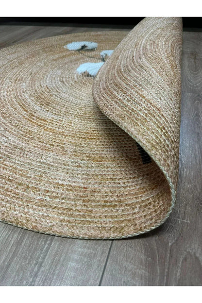 Boho 955 Oval Bathroom Yazılı Desenli Yuvarlak Jüt Örme Doğal Hasır Kilim Daire Halı - HALI VAGONU