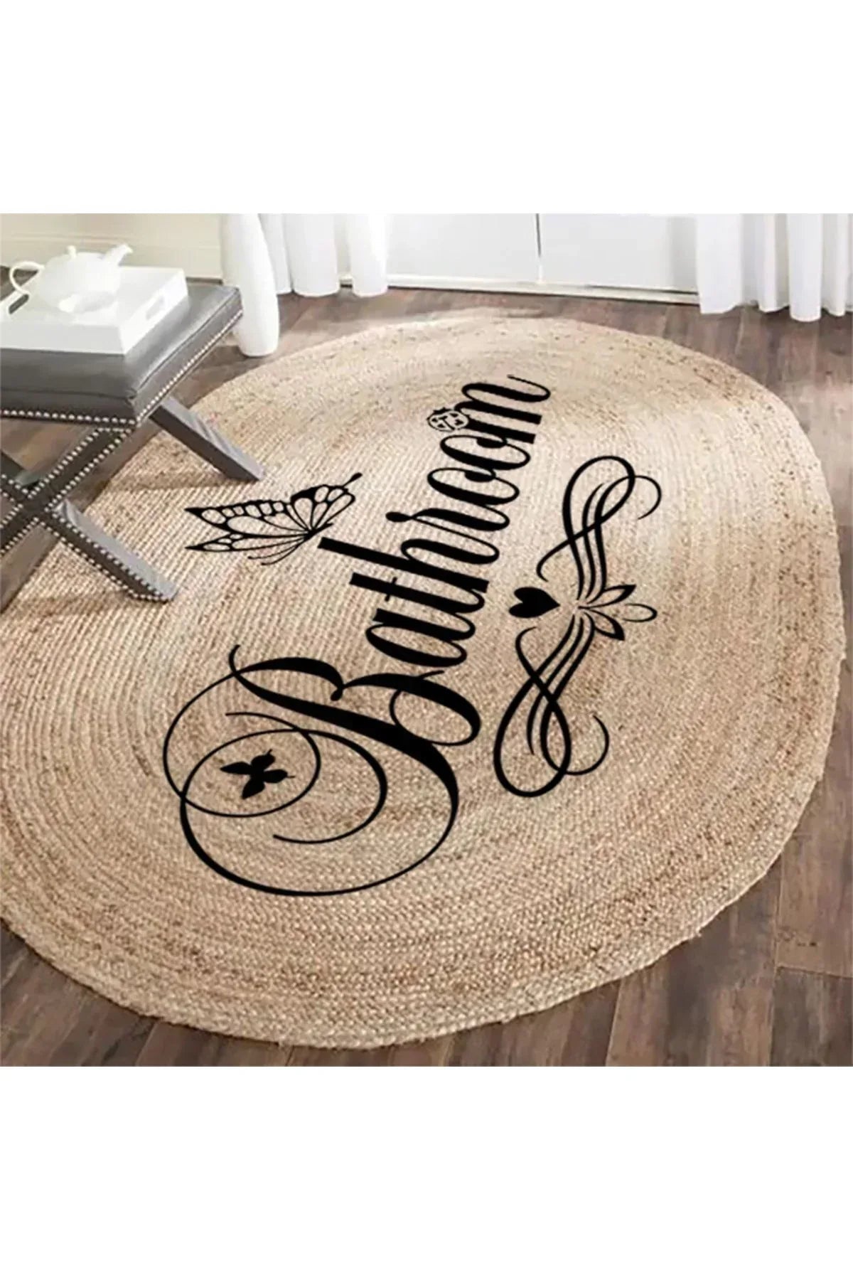 Boho 955 Oval Bathroom Yazılı Desenli Yuvarlak Jüt Örme Doğal Hasır Kilim Daire Halı - HALI VAGONU