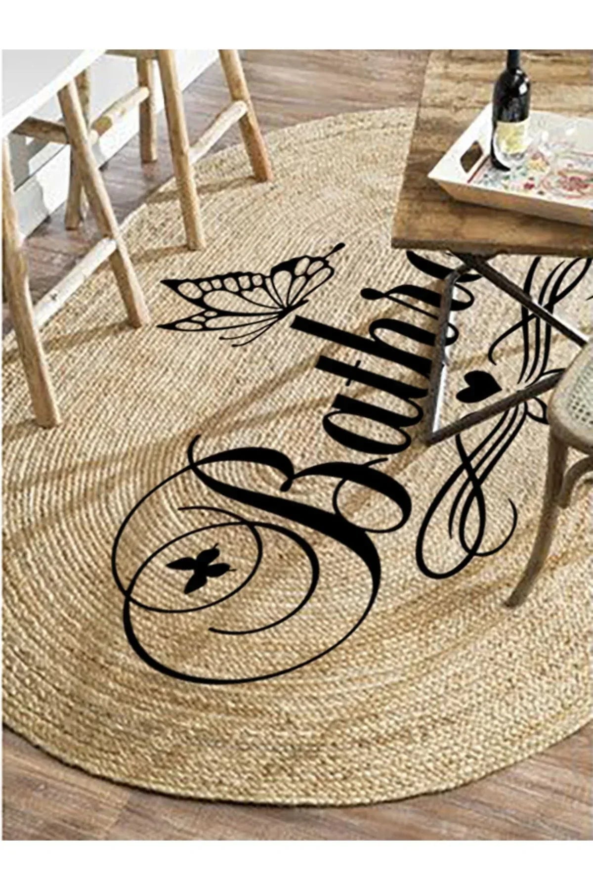 Boho 955 Oval Bathroom Yazılı Desenli Yuvarlak Jüt Örme Doğal Hasır Kilim Daire Halı - HALI VAGONU