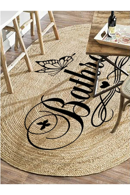 Boho 955 Oval Bathroom Yazılı Desenli Yuvarlak Jüt Örme Doğal Hasır Kilim Daire Halı - HALI VAGONU