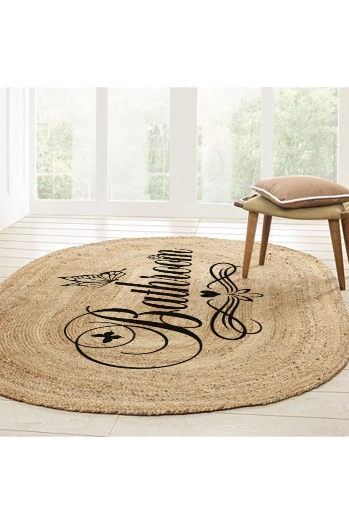 Boho 955 Oval Bathroom Yazılı Desenli Yuvarlak Jüt Örme Doğal Hasır Kilim Daire Halı - HALI VAGONU