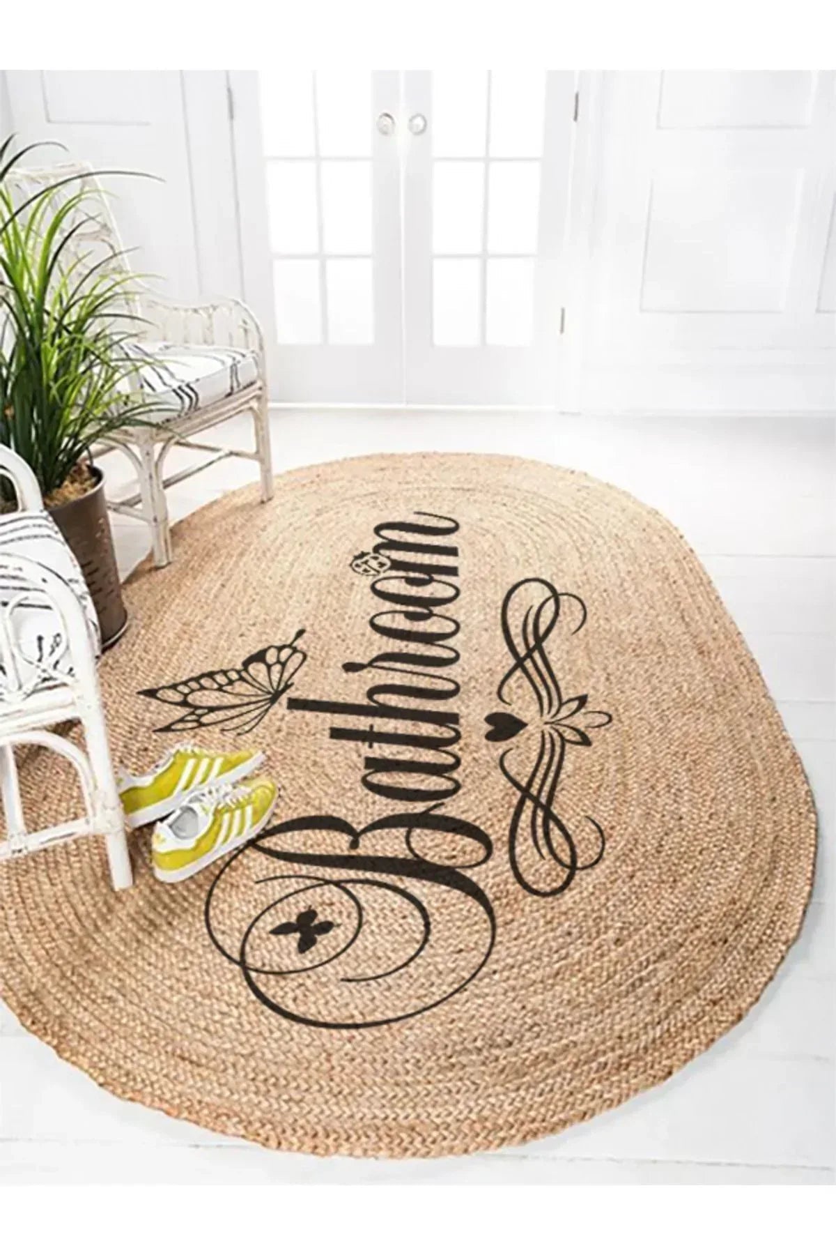 Boho 955 Oval Bathroom Yazılı Desenli Yuvarlak Jüt Örme Doğal Hasır Kilim Daire Halı - HALI VAGONU