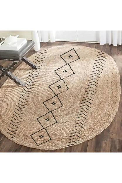 Boho 956 Oval Siyah Etnik Desenli Jüt Rengi Örgü Yuvarlak Natural Çift Taraflı Halı - HALI VAGONU