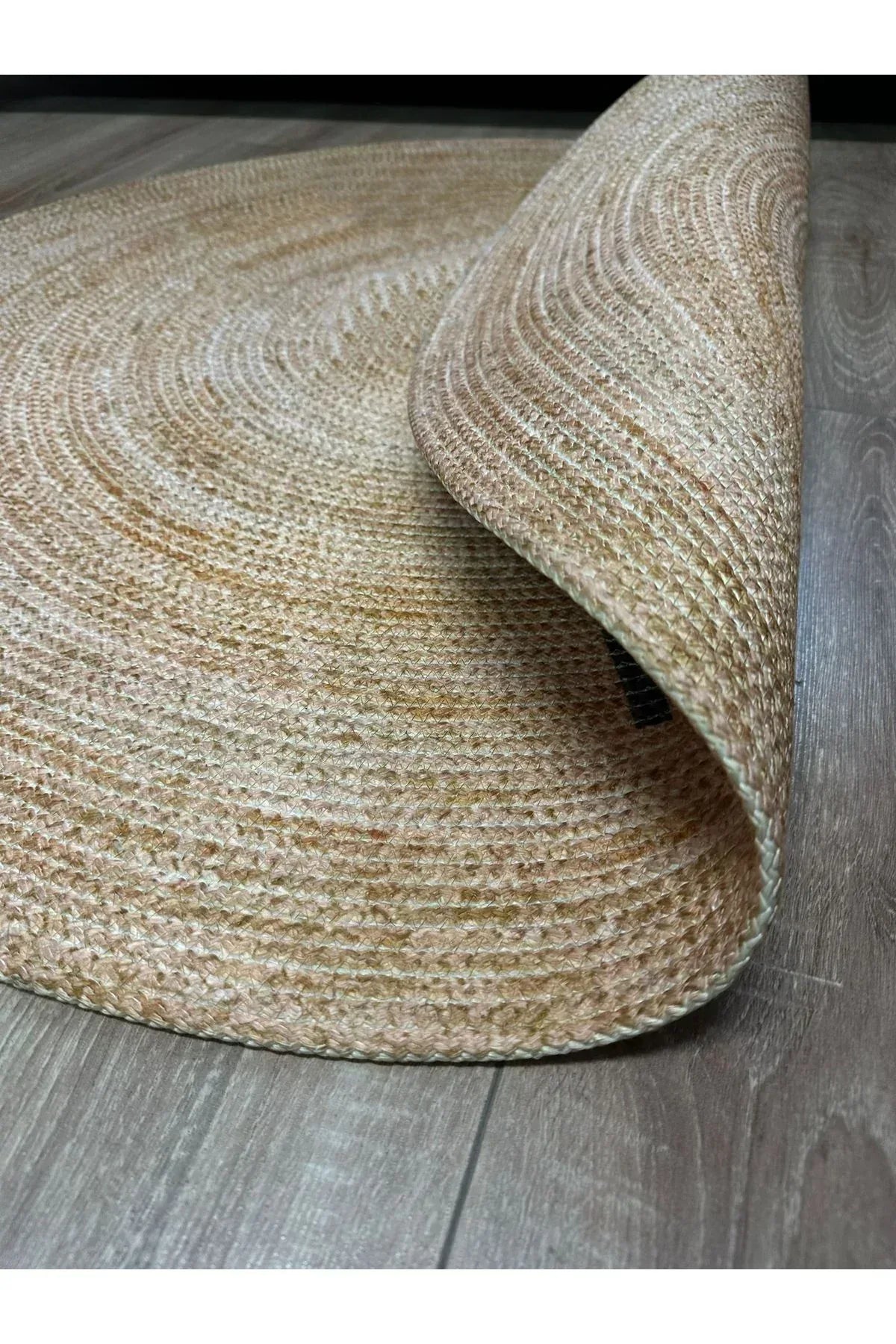 Boho 956 Oval Siyah Etnik Desenli Jüt Rengi Örgü Yuvarlak Natural Çift Taraflı Halı - HALI VAGONU