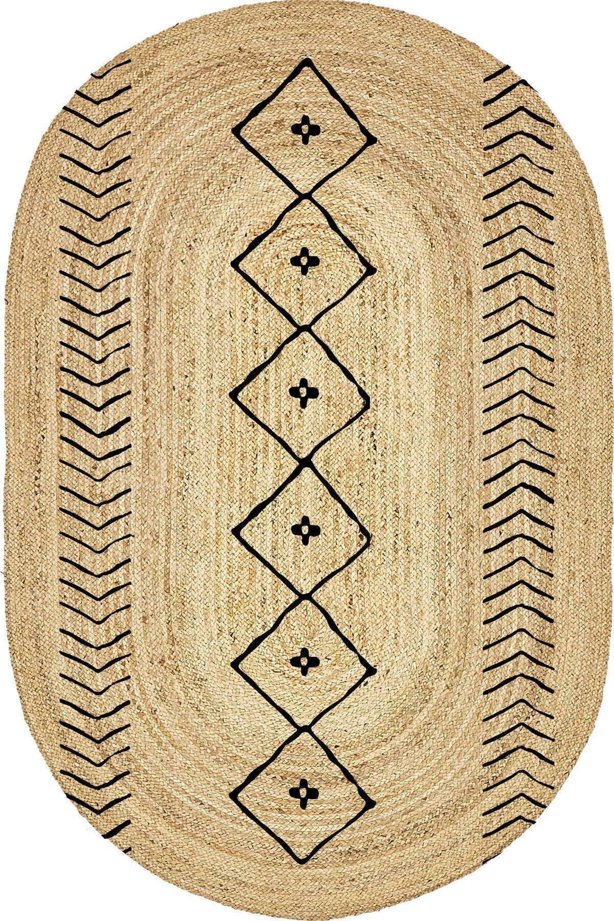 Boho 956 Oval Siyah Etnik Desenli Jüt Rengi Örgü Yuvarlak Natural Çift Taraflı Halı - HALI VAGONU