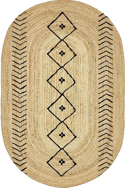 Boho 956 Oval Siyah Etnik Desenli Jüt Rengi Örgü Yuvarlak Natural Çift Taraflı Halı - HALI VAGONU
