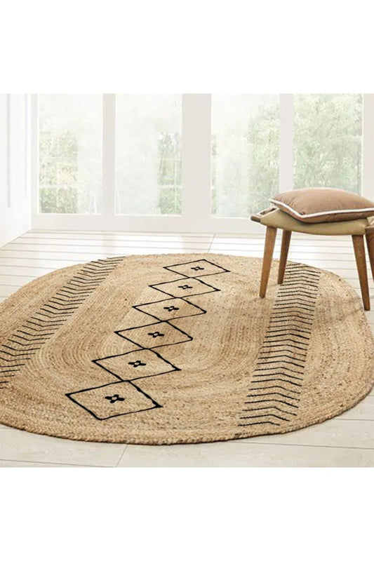Boho 956 Oval Siyah Etnik Desenli Jüt Rengi Örgü Yuvarlak Natural Çift Taraflı Halı - HALI VAGONU