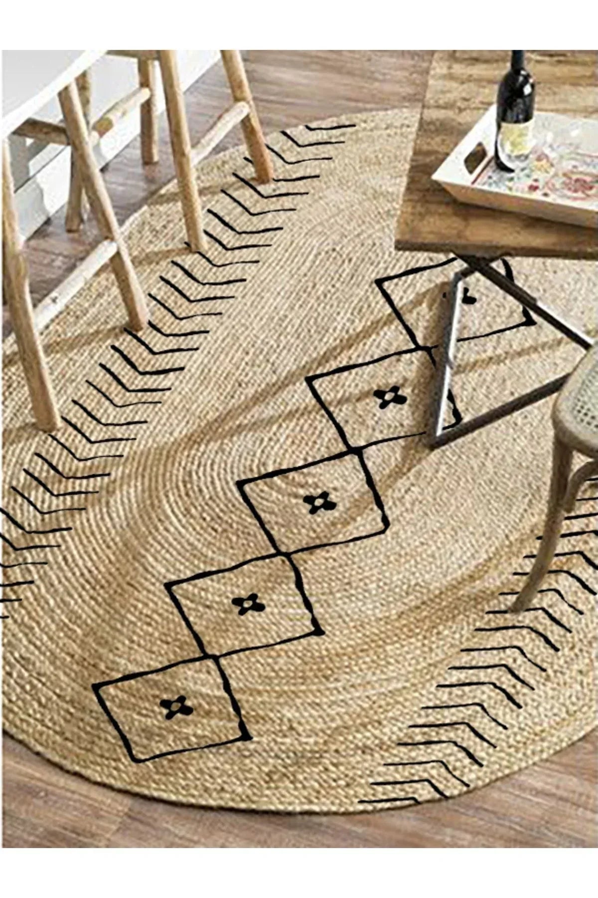 Boho 956 Oval Siyah Etnik Desenli Jüt Rengi Örgü Yuvarlak Natural Çift Taraflı Halı - HALI VAGONU