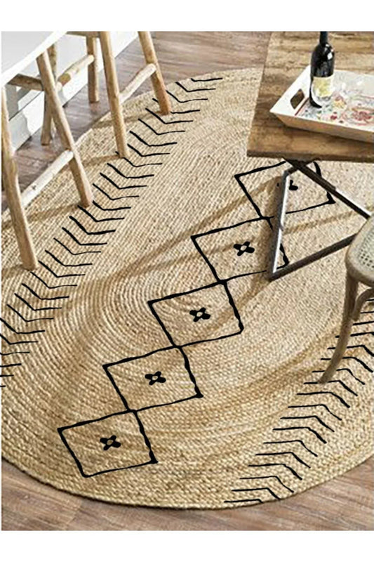 Boho 956 Oval Siyah Etnik Desenli Jüt Rengi Örgü Yuvarlak Natural Çift Taraflı Halı - HALI VAGONU