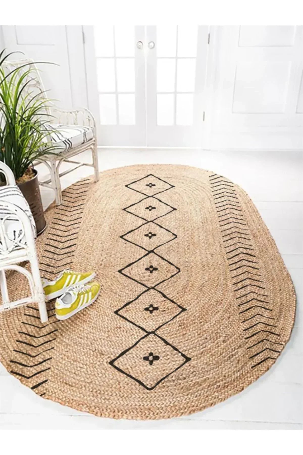 Boho 956 Oval Siyah Etnik Desenli Jüt Rengi Örgü Yuvarlak Natural Çift Taraflı Halı - HALI VAGONU