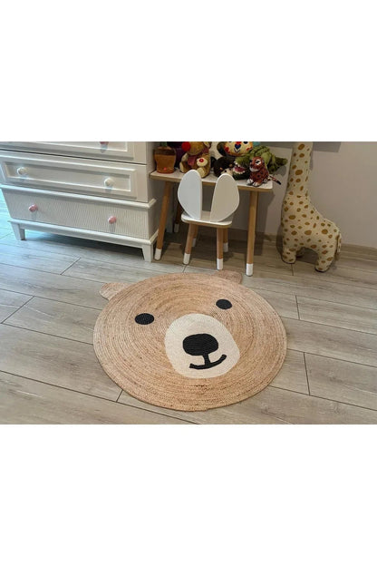 Boho 958 Sevimli Ayıcık Örgü Taban Yuvarlak Natural Çift Taraflı Çocuk ve Bebek Odası Halı - HALI VAGONU