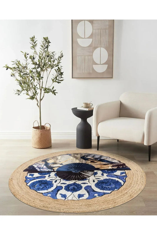 Boho 960 Blue Blanc Botanik Desenli Örgü Yuvarlak Natural Çift Taraflı Halı - HALI VAGONU