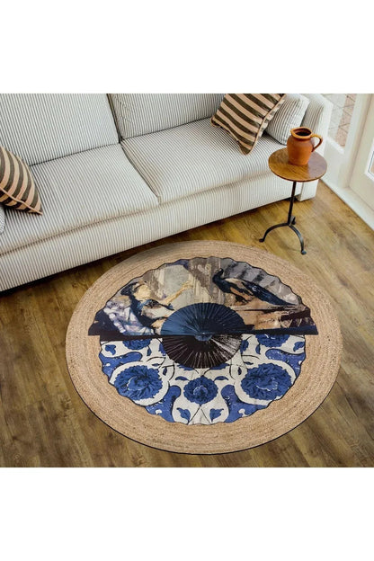 Boho 960 Blue Blanc Botanik Desenli Örgü Yuvarlak Natural Çift Taraflı Halı - HALI VAGONU