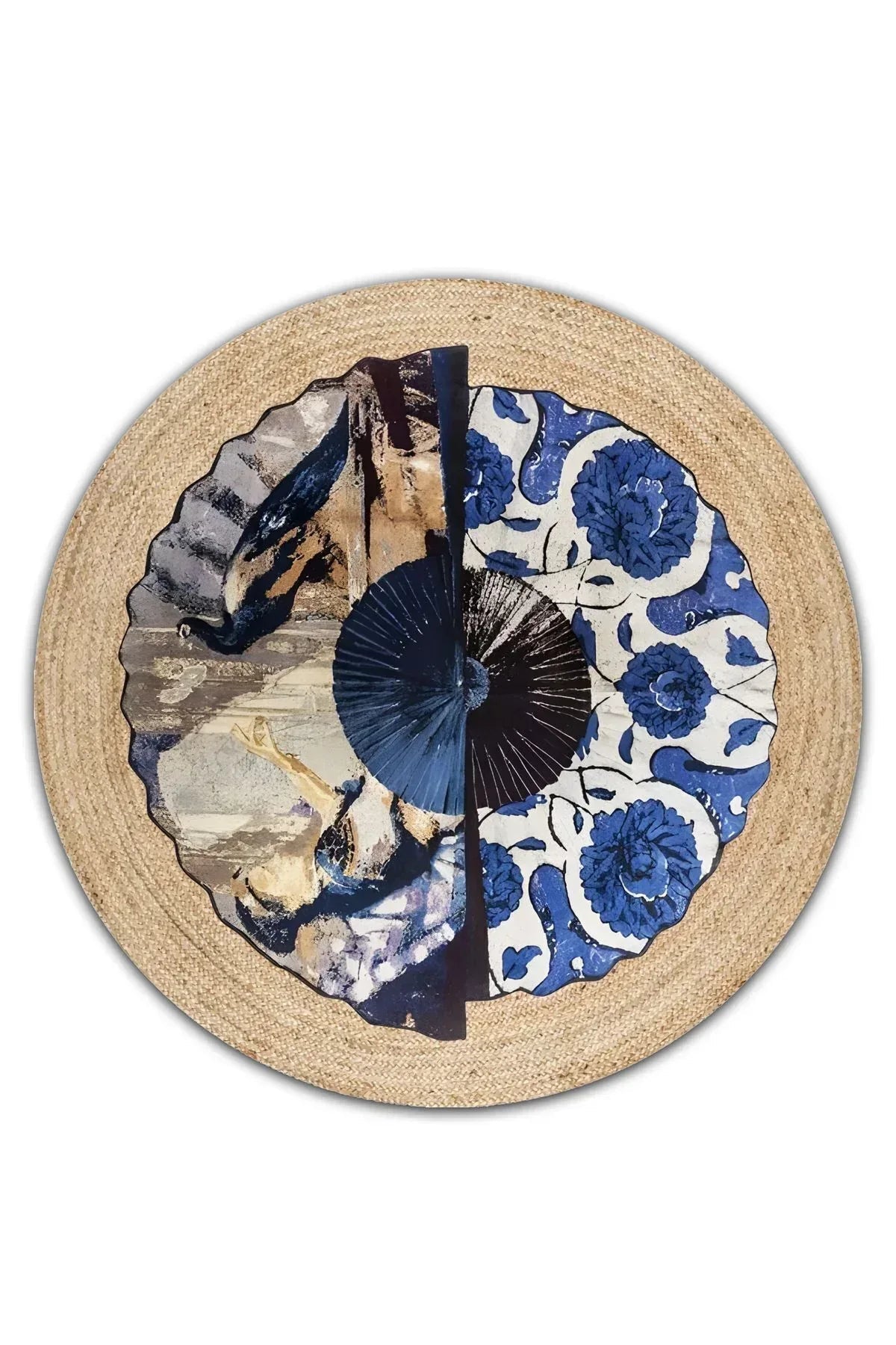 Boho 960 Blue Blanc Botanik Desenli Örgü Yuvarlak Natural Çift Taraflı Halı - HALI VAGONU