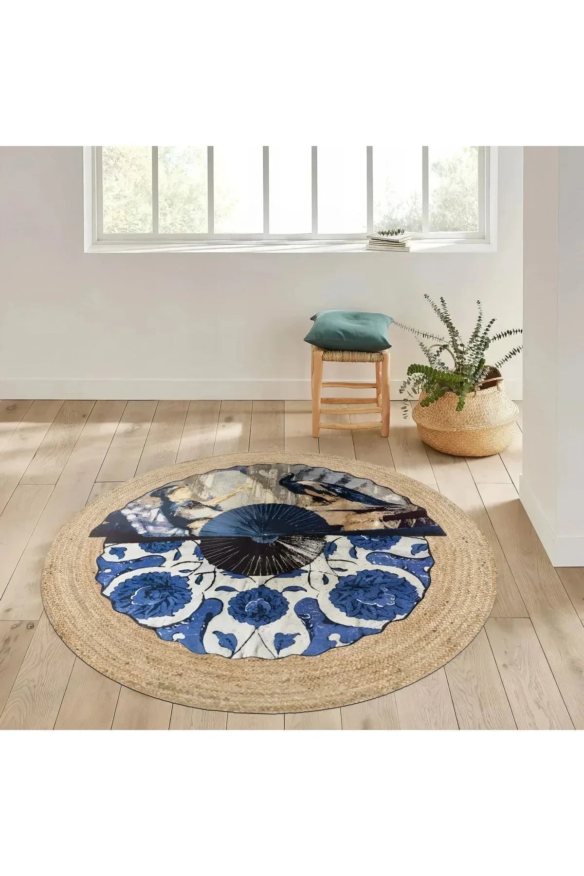 Boho 960 Blue Blanc Botanik Desenli Örgü Yuvarlak Natural Çift Taraflı Halı - HALI VAGONU