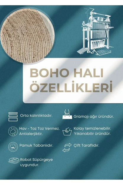 Boho 960 Blue Blanc Botanik Desenli Örgü Yuvarlak Natural Çift Taraflı Halı - HALI VAGONU