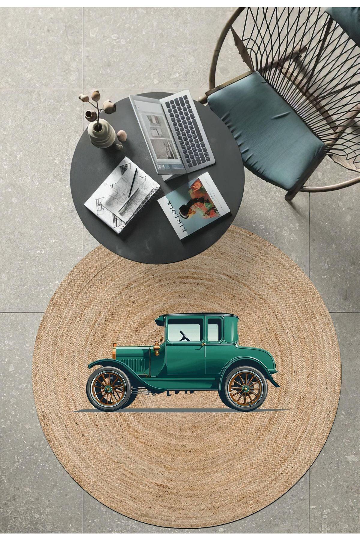 Boho 961 Eski Vintage Araba Figürlü Örgü Yuvarlak Natural Çift Taraflı Halı - HALI VAGONU
