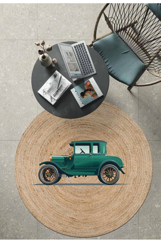 Boho 961 Eski Vintage Araba Figürlü Örgü Yuvarlak Natural Çift Taraflı Halı - HALI VAGONU