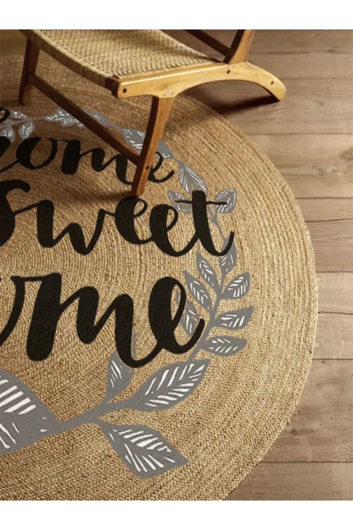 Boho 973 Home Sweet Home Temalı Etnik Desenli Yuvarlak Jüt Örme Doğal Hasır Kilim Daire Halı - HALI VAGONU